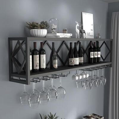 WOLEYUU Casier à vin mural moderne avec support pour verres à vin, décorations de placard à vin, étagère à vin murale à 2 niveaux, pour décoration de cuisine, bar, doré/noir (noir, 15 WOLEYUU Casier à vin mural moderne avec support pour verres à vin, décorations de placard à vin, étagère à vin murale à 2 niveaux, pour décoration de cuisine, bar, doré/noir (noir, 15