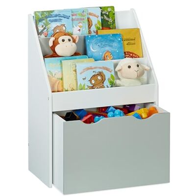 Relaxdays Étagère pour enfant avec 3 compartiments de rangement, caisse à roulettes, H x l x P : 70 x 50,5 x 28 cm, étagère à jouets étroite, blanc/gris Relaxdays Étagère pour enfant avec 3 compartiments de rangement, caisse à roulettes, H x l x P : 70 x 50,5 x 28 cm, étagère à jouets étroite, blanc/gris