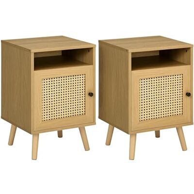 HOMCOM Lot de 2 Table de Chevet Table de Nuit avec Placard Porte cannage et Niche Design Vintage 39 x 35 x 60 cm Naturel HOMCOM Lot de 2 Table de Chevet Table de Nuit avec Placard Porte cannage et Niche Design Vintage 39 x 35 x 60 cm Naturel