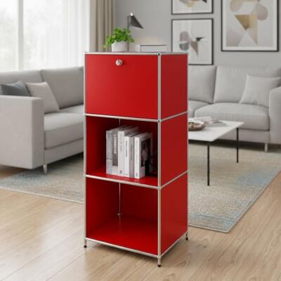 Floordirekt Étagère en métal Concept Epure MK-107 Rouge Étagère de rangement à quatre étages avec trois niveaux ouverts et compartiment verrouillable 50 x 40 x 121 cm Floordirekt Étagère en métal Concept Epure MK-107 Rouge Étagère de rangement à quatre étages avec trois niveaux ouverts et compartiment verrouillable 50 x 40 x 121 cm