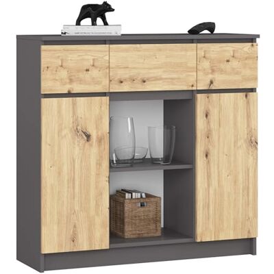 AKORD Commode K100 avec 3 tiroirs, armoire avec 2 portes, 6 étagères, pour le salon, la chambre à coucher, moderne, panneau laminé de 16 mm, l 101 x H 98 x P 35 cm, couleur gris graphite et chêne AKORD Commode K100 avec 3 tiroirs, armoire avec 2 portes, 6 étagères, pour le salon, la chambre à coucher, moderne, panneau laminé de 16 mm, l 101 x H 98 x P 35 cm, couleur gris graphite et chêne
