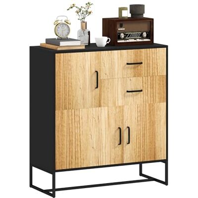 HOMCOM Buffet de rangement moderne avec 3 armoires et 2 tiroirs, armoire multifonction en aggloméré et acier, 80 x 35 x 88 cm, noir et couleur bois HOMCOM Buffet de rangement moderne avec 3 armoires et 2 tiroirs, armoire multifonction en aggloméré et acier, 80 x 35 x 88 cm, noir et couleur bois