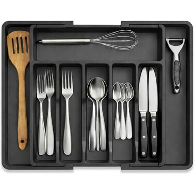 PECZEKO Range-couverts pour tiroirs Tiroir réglable de 33 à 57 cm Organisateur de tiroirs de cuisine pour couverts en plastique 1 pièce Noir PECZEKO Range-couverts pour tiroirs Tiroir réglable de 33 à 57 cm Organisateur de tiroirs de cuisine pour couverts en plastique 1 pièce Noir