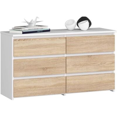 AKORD CL-100 Commode avec 6 tiroirs, fonctionnelle, pour salon, chambre à coucher, durable, guide à rouleaux, avec bords en ABS, 35 x 100 x 57 cm, blanche et façade en chêne sonoma AKORD CL-100 Commode avec 6 tiroirs, fonctionnelle, pour salon, chambre à coucher, durable, guide à rouleaux, avec bords en ABS, 35 x 100 x 57 cm, blanche et façade en chêne sonoma