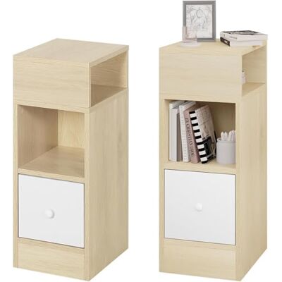 EUGAD 2 x Table de Chevet Étroite, 25x30x66cm, en Aggloméré, Chêne Clair avec 2 Compartiments Ouverts et 1 Tiroir, pour Chambre à Coucher, Salon EUGAD 2 x Table de Chevet Étroite, 25x30x66cm, en Aggloméré, Chêne Clair avec 2 Compartiments Ouverts et 1 Tiroir, pour Chambre à Coucher, Salon