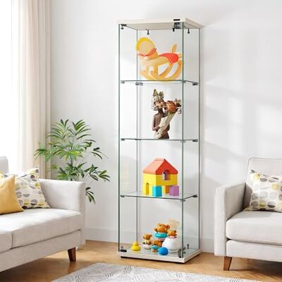 QMTXBYJ Vitrine moderne en verre Armoire de collection avec 4 couches, 1 porte et serrure, 5 mm verre trempé transparent sur pied pour salon, chambre QMTXBYJ Vitrine moderne en verre Armoire de collection avec 4 couches, 1 porte et serrure, 5 mm verre trempé transparent sur pied pour salon, chambre