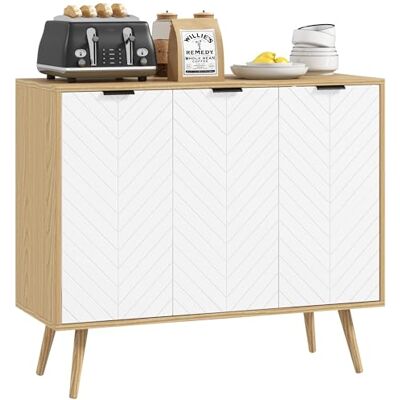 HOMCOM Buffet Bas, Meuble de Rangement, étagères réglables, 2 placards, 3 Portes Motif Chevrons, pour Cuisine, Salle à Manger, Salon, 91,5 x 35 x 77,4 cm, Blanc et Bois Naturel HOMCOM Buffet Bas, Meuble de Rangement, étagères réglables, 2 placards, 3 Portes Motif Chevrons, pour Cuisine, Salle à Manger, Salon, 91,5 x 35 x 77,4 cm, Blanc et Bois Naturel