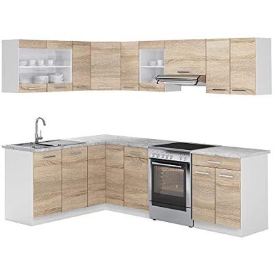 Vicco Cuisine d'angle "R-Line", Sonoma/Blanc 247 x 167 cm PT Marbre, extensible et combinable de manière flexible grâce à des éléments modulaires Vicco Cuisine d'angle "R-Line", Sonoma/Blanc 247 x 167 cm PT Marbre, extensible et combinable de manière flexible grâce à des éléments modulaires