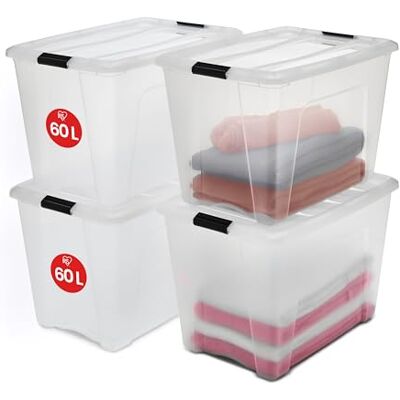 Iris Ohyama , Lot de 4 boîtes de rangement, 60 L, avec clips, empilable, salon, chambre, garage New Top Box NTB-60 Transparent Iris Ohyama , Lot de 4 boîtes de rangement, 60 L, avec clips, empilable, salon, chambre, garage New Top Box NTB-60 Transparent