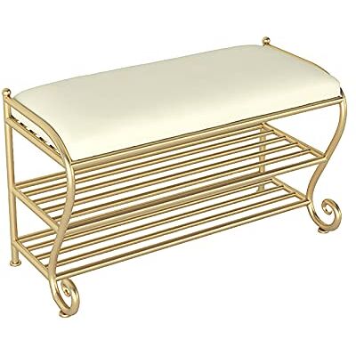 LDTTYRC Banc de rangement de chaussures véranda moderne pour couloir, 2 niveaux en métal organisateur de chaussures, entrée luxueuse banc à chaussures avec siège en cuir synthétique blanc 60 x 35 x 45 LDTTYRC Banc de rangement de chaussures véranda moderne pour couloir, 2 niveaux en métal organisateur de chaussures, entrée luxueuse banc à chaussures avec siège en cuir synthétique blanc 60 x 35 x 45