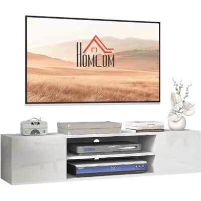HOMCOM Meuble Banc TV Mural Suspendu 2 placards 140 x 30 x 30 cm Blanc Style Contemporain, 2 Passe-Câbles, 2 Niches Centrales HOMCOM Meuble Banc TV Mural Suspendu 2 placards 140 x 30 x 30 cm Blanc Style Contemporain, 2 Passe-Câbles, 2 Niches Centrales