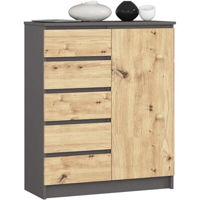 AKORD Commode K80 avec 5 tiroirs, armoire avec 1 porte, 3 étagères, pour le salon, la chambre à coucher, moderne, panneau laminé de 16 mm, l 80 x H 97 x P 35 cm, couleur gris graphite et chêne AKORD Commode K80 avec 5 tiroirs, armoire avec 1 porte, 3 étagères, pour le salon, la chambre à coucher, moderne, panneau laminé de 16 mm, l 80 x H 97 x P 35 cm, couleur gris graphite et chêne