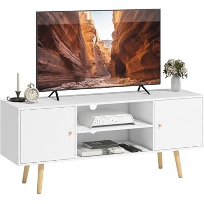 HOMCOM Meuble TV Banc TV Style scandinave 2 Portes 2 niches Pieds en Bois pin Panneaux Blanc 120 x 34 x 50 cm HOMCOM Meuble TV Banc TV Style scandinave 2 Portes 2 niches Pieds en Bois pin Panneaux Blanc 120 x 34 x 50 cm