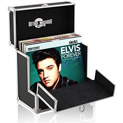Retro Musique Boîtier de Rangement pour disques et vinyles 12" en Aluminium avec Rabat Avant Rabattable pour Meilleur Accès, Peut Contenir jusqu'à 40 vinyles, Noir Retro Musique Boîtier de Rangement pour disques et vinyles 12" en Aluminium avec Rabat Avant Rabattable pour Meilleur Accès, Peut Contenir jusqu'à 40 vinyles, Noir