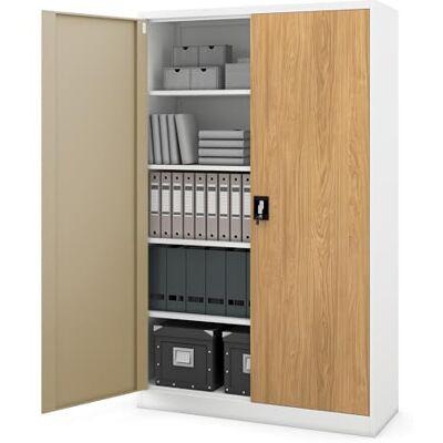 Jan Nowak armoire de bureau métallique verrouillable avec 4 étagères réglables pour dossiers et archives en acier robuste 115 x 185 x 40 cm Blanc Chêne doré Jan Nowak armoire de bureau métallique verrouillable avec 4 étagères réglables pour dossiers et archives en acier robuste 115 x 185 x 40 cm Blanc Chêne doré
