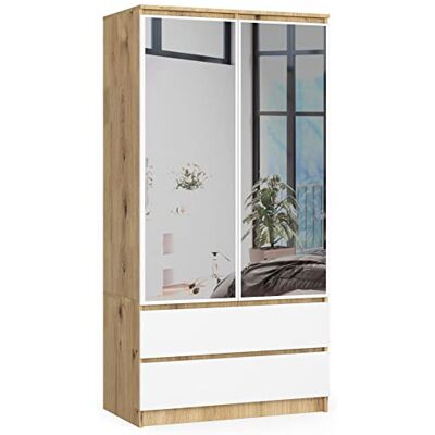AKORD Armoire 2 Portes Armoir Chambre 2 Tiroirs 2 Etagères et Une Tringle et Miroir L90 x H180 x P51 cm Armoire sans Penderie Chambre Rangement Artisan Chêne & Façade Blanc AKORD Armoire 2 Portes Armoir Chambre 2 Tiroirs 2 Etagères et Une Tringle et Miroir L90 x H180 x P51 cm Armoire sans Penderie Chambre Rangement Artisan Chêne & Façade Blanc