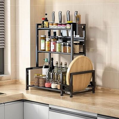 devesanter Étagère à épices sur pied à 3 niveaux de grande capacité pour pots à épices de cuisine, étagère à épices en métal pour comptoir de cuisine avec 6 crochets, pour plan de travail, placard devesanter Étagère à épices sur pied à 3 niveaux de grande capacité pour pots à épices de cuisine, étagère à épices en métal pour comptoir de cuisine avec 6 crochets, pour plan de travail, placard