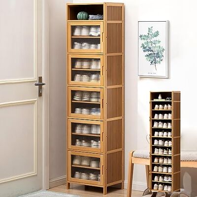 GLFNB Meuble à chaussures en bambou avec portes et porte transparente Meuble à chaussures sur pied pour entrée Meuble à chaussures fin pour placard en rotin Hauteur : 170 cm GLFNB Meuble à chaussures en bambou avec portes et porte transparente Meuble à chaussures sur pied pour entrée Meuble à chaussures fin pour placard en rotin Hauteur : 170 cm