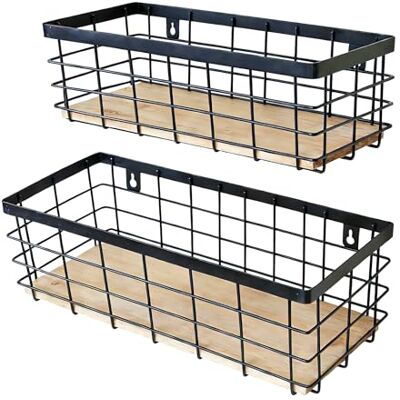 ShabbyDecor Lot de 2 paniers de rangement amovibles en fil métallique avec base en bois pour armoires de cuisine, salle de bain, garde-manger, buanderie, placards, noir ShabbyDecor Lot de 2 paniers de rangement amovibles en fil métallique avec base en bois pour armoires de cuisine, salle de bain, garde-manger, buanderie, placards, noir
