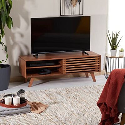 IDIMEX Meuble TV Sean Banc télé de 115 cm au Design Vintage avec 4 niches et 1 Porte coulissante ajourée, en pin Massif lasuré Brun foncé IDIMEX Meuble TV Sean Banc télé de 115 cm au Design Vintage avec 4 niches et 1 Porte coulissante ajourée, en pin Massif lasuré Brun foncé