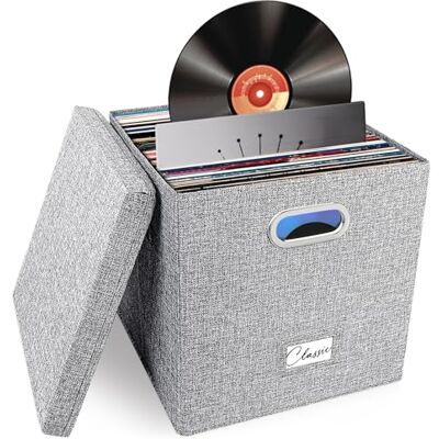 Woodoulogy Boîte de rangement pour disques vinyles pour plus de 50 disques vinyles (30,5 cm), empilable en lin avec couvercle, support pliable pour collection de musique, classeurs, classeurs, armoire de Woodoulogy Boîte de rangement pour disques vinyles pour plus de 50 disques vinyles (30,5 cm), empilable en lin avec couvercle, support pliable pour collection de musique, classeurs, classeurs, armoire de