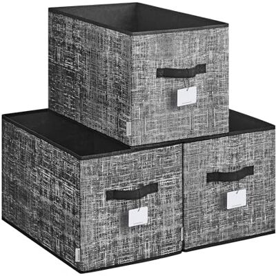 SONGMICS Lot de 3 boîtes de rangement pliables en tissu 50 x 30 x 30 cm pour armoire, 2 poignées, étiquette, pour chambre à coucher, salon, noir encre ROB450B01 SONGMICS Lot de 3 boîtes de rangement pliables en tissu 50 x 30 x 30 cm pour armoire, 2 poignées, étiquette, pour chambre à coucher, salon, noir encre ROB450B01