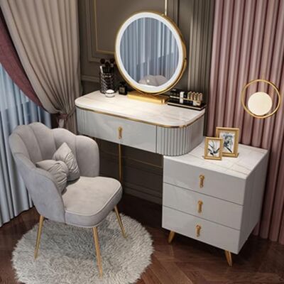 OWOHYG Grande commode avec armoire latérale, tabouret rembourré et miroir éclairé à DEL avec 3 modes d'éclairage, parfait pour la décoration de chambre à coucher et de studio, cendre, blanc doré, 80 cm OWOHYG Grande commode avec armoire latérale, tabouret rembourré et miroir éclairé à DEL avec 3 modes d'éclairage, parfait pour la décoration de chambre à coucher et de studio, cendre, blanc doré, 80 cm