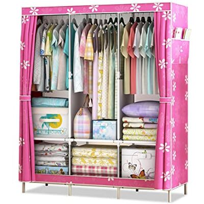 CZAOERXB Armoire en toile portable, pliable, organiseur de rangement avec rail de suspension, étagères, poches latérales, armoire en tissu pour vêtements, sacs, rose, 125 x 45 x 168 cm CZAOERXB Armoire en toile portable, pliable, organiseur de rangement avec rail de suspension, étagères, poches latérales, armoire en tissu pour vêtements, sacs, rose, 125 x 45 x 168 cm