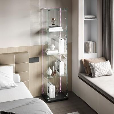 QMTXBYJ Vitrine en Verre avec Bandes LED, 163x78.5x35cm, Armoire de Collection Moderne en Verres à 4 Couches avec 1 Porte et Serrure, 5mm Verre trempé Transparent Armoir de Verres Debout pour Salon, Chambre QMTXBYJ Vitrine en Verre avec Bandes LED, 163x78.5x35cm, Armoire de Collection Moderne en Verres à 4 Couches avec 1 Porte et Serrure, 5mm Verre trempé Transparent Armoir de Verres Debout pour Salon, Chambre