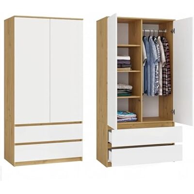 CDF Armoire Chambre 2 Portes 2 Tiroirs avec Etagères, Adult Bedroom Armoire Une Tringle Dressing Placard Multifonction Meuble de Penderie Panneau Stratifié 16mm Largeur 90 cm Chêne Artisan/Blanc CDF Armoire Chambre 2 Portes 2 Tiroirs avec Etagères, Adult Bedroom Armoire Une Tringle Dressing Placard Multifonction Meuble de Penderie Panneau Stratifié 16mm Largeur 90 cm Chêne Artisan/Blanc