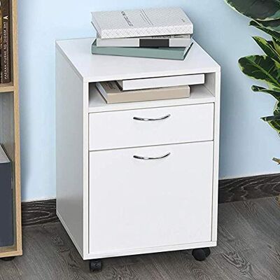 BAKAJI Commode pivotante bureau maison bureau en bois MDF avec tiroir porte et étagère ouverte 4 roues et fermeture avec clé design moderne, dimensions 40 x 35 x 60 cm, couleur blanche BAKAJI Commode pivotante bureau maison bureau en bois MDF avec tiroir porte et étagère ouverte 4 roues et fermeture avec clé design moderne, dimensions 40 x 35 x 60 cm, couleur blanche
