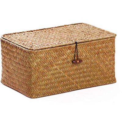 DOKOT Paniers de rangement rectangulaires en jonc de mer avec couvercle en rotin naturel tissé (petit format 26 x 14 x 11 cm H) DOKOT Paniers de rangement rectangulaires en jonc de mer avec couvercle en rotin naturel tissé (petit format 26 x 14 x 11 cm H)