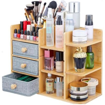 Wintem Organiseur de bureau en bambou peu encombrant avec tiroirs et étagères réglables imperméables, organisateur de bureau multifonction pour bureau et salle de bain, avec structure compacte et Wintem Organiseur de bureau en bambou peu encombrant avec tiroirs et étagères réglables imperméables, organisateur de bureau multifonction pour bureau et salle de bain, avec structure compacte et