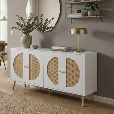 Mendler Buffet HWC-P49AM Façade en polyrotin 80 x 160 x 40 cm Blanc Armoire, commode, avec portes, buffet, compartiments de rangement, MDF, mélamine Mendler Buffet HWC-P49AM Façade en polyrotin 80 x 160 x 40 cm Blanc Armoire, commode, avec portes, buffet, compartiments de rangement, MDF, mélamine