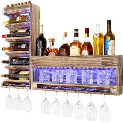 Yorbay Casier à Bouteilles Bois Flammé: Bar Mural avec 9 Porte-Verres Porte-Bouteilles Mural Vintage avec Support à Bouchons Rangement à Vin pour Bar Cuisine et Salle à Manger avec LED Yorbay Casier à Bouteilles Bois Flammé: Bar Mural avec 9 Porte-Verres Porte-Bouteilles Mural Vintage avec Support à Bouchons Rangement à Vin pour Bar Cuisine et Salle à Manger avec LED