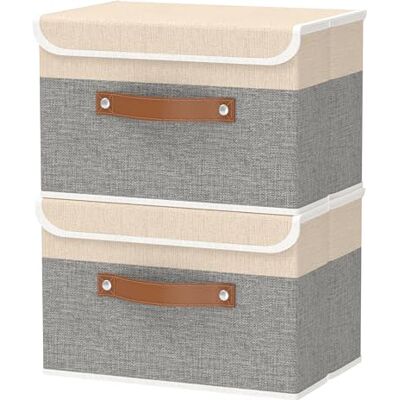 OUTBROS Boîte de Rangement, 38 x 25 x 25 cm Caisse Pliable avec Couvercles et Poignées, Vêtement Cube, Magazine pour, Chambre à Coucher (2 pièces, Gris/Beige) OUTBROS Boîte de Rangement, 38 x 25 x 25 cm Caisse Pliable avec Couvercles et Poignées, Vêtement Cube, Magazine pour, Chambre à Coucher (2 pièces, Gris/Beige)