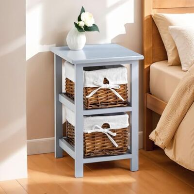IDIMEX Table de Chevet Nokomis Table de Nuit en Bois avec 2 paniers en Osier et Insert en Tissu Blanc, Meuble Style Rustique pour Chambre lasuré Gris IDIMEX Table de Chevet Nokomis Table de Nuit en Bois avec 2 paniers en Osier et Insert en Tissu Blanc, Meuble Style Rustique pour Chambre lasuré Gris