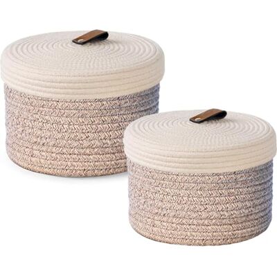 Yearonan Lot de 2 paniers de rangement pour cosmétiques avec couvercle En fil de coton naturel Matériau : panier décoratif lavable Étiquette en cuir Poignée Yearonan Lot de 2 paniers de rangement pour cosmétiques avec couvercle En fil de coton naturel Matériau : panier décoratif lavable Étiquette en cuir Poignée