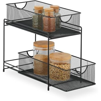 Relaxdays Cuisine 2 paniers coulissants, étagère en métal, H x l x P : 32 x 19 x 35,5 cm, organiseur de salle de bain, noir Relaxdays Cuisine 2 paniers coulissants, étagère en métal, H x l x P : 32 x 19 x 35,5 cm, organiseur de salle de bain, noir