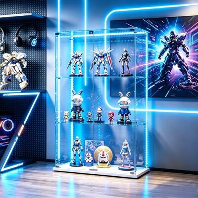 QMTXBYJ Vitrine en Verre avec Bandes LED, 124x78.5x35cm, Armoire de Collection Moderne en Verres à 3 Couches avec 2 Portes et Serrure, 5mm Verre trempé Transparent Armoir de Verres Debout pour Salon, Chambre QMTXBYJ Vitrine en Verre avec Bandes LED, 124x78.5x35cm, Armoire de Collection Moderne en Verres à 3 Couches avec 2 Portes et Serrure, 5mm Verre trempé Transparent Armoir de Verres Debout pour Salon, Chambre