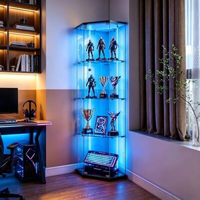 QMTXBYJ Vitrine d'angle en Verre avec éclairage LED, 162cm Armoire de Collection en Verres à 4 Couches avec 1 Porte et Serrure, 5mm Verre trempé Transparent Armoir de Verres Debout pour Salon,Chambre QMTXBYJ Vitrine d'angle en Verre avec éclairage LED, 162cm Armoire de Collection en Verres à 4 Couches avec 1 Porte et Serrure, 5mm Verre trempé Transparent Armoir de Verres Debout pour Salon,Chambre
