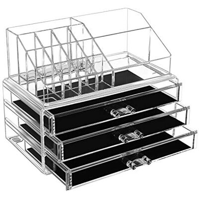 SONGMICS Rangement Maguillage, Organisateur, avec 3 Tiroirs et 15 Compartiments de Différentes Tailles, Transparent JKA002TP SONGMICS Rangement Maguillage, Organisateur, avec 3 Tiroirs et 15 Compartiments de Différentes Tailles, Transparent JKA002TP