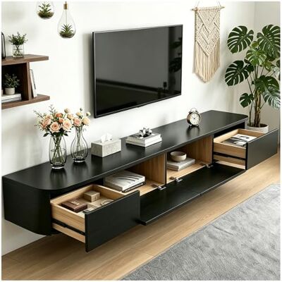 GMTstore OM Meuble TV Noirs,200cm Meuble Télé de Salon,avec 2 Tiroirs,1 Placards avec Portes,pour TV 75 Pouces,Armoire de Télévision sur Pied ou Suspendu,Banc TV Moderne,Convient pour Salon ou Chambre GMTstore OM Meuble TV Noirs,200cm Meuble Télé de Salon,avec 2 Tiroirs,1 Placards avec Portes,pour TV 75 Pouces,Armoire de Télévision sur Pied ou Suspendu,Banc TV Moderne,Convient pour Salon ou Chambre