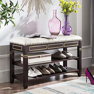 DSeenLeap Banc à chaussures en cuir avec boutons de qualité supérieure, banc d'entrée vintage en bois, banc de rangement pour chaussures, bel organisateur de chaussures d'entrée décoratif (A 50,8 x DSeenLeap Banc à chaussures en cuir avec boutons de qualité supérieure, banc d'entrée vintage en bois, banc de rangement pour chaussures, bel organisateur de chaussures d'entrée décoratif (A 50,8 x