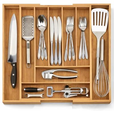 Dimono Tiroir insert en bois de bambou système d'organisation Tiroir à couverts flexible insert Organisateur coulissant pour cuisine, bureau, salle de bains et tout le monde (Extensible jusqu'à 50 cm) Dimono Tiroir insert en bois de bambou système d'organisation Tiroir à couverts flexible insert Organisateur coulissant pour cuisine, bureau, salle de bains et tout le monde (Extensible jusqu'à 50 cm)