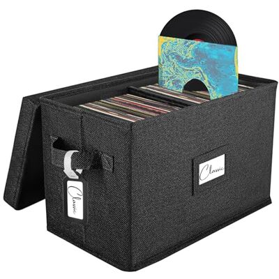 Woodoulogy Boîte de rangement pour disques vinyles de 17,8 cm/45 tr/min, étui noir avec couvercle, peut contenir jusqu'à 80 albums, caisse de CD, support de collection de musique, classeur pliable avec poignée Woodoulogy Boîte de rangement pour disques vinyles de 17,8 cm/45 tr/min, étui noir avec couvercle, peut contenir jusqu'à 80 albums, caisse de CD, support de collection de musique, classeur pliable avec poignée
