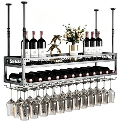 MARXAN Casier à vin décoratif en fer, organisateur de rangement monté au plafond, support de plantes, étagère suspendue pour Restaurant, café, cuisine à domicile MARXAN Casier à vin décoratif en fer, organisateur de rangement monté au plafond, support de plantes, étagère suspendue pour Restaurant, café, cuisine à domicile