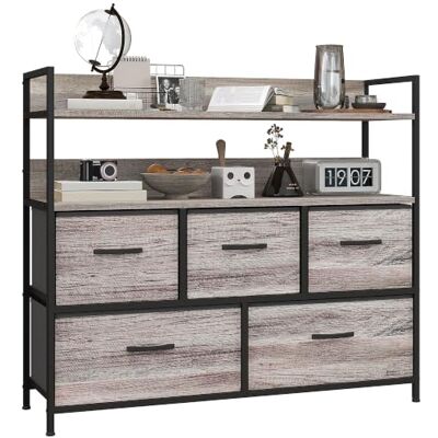 HOMCOM Commode avec 5 Tiroirs en Tissu Pliables, Effet Bois Gris Commode Chambre, Meuble de Rangement, Étagères Ouvertes, Plateau, Cadre en Acier, Style Industriel, pour Chambre, Salon HOMCOM Commode avec 5 Tiroirs en Tissu Pliables, Effet Bois Gris Commode Chambre, Meuble de Rangement, Étagères Ouvertes, Plateau, Cadre en Acier, Style Industriel, pour Chambre, Salon