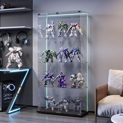 FEEOHOME Vitrine en verre avec LED, vitrine de collection en verre transparent, vitrine avec 4 couches avec 2 portes, sur pied, vitrines trempées pour salon, chambre à coucher, noir FEEOHOME Vitrine en verre avec LED, vitrine de collection en verre transparent, vitrine avec 4 couches avec 2 portes, sur pied, vitrines trempées pour salon, chambre à coucher, noir