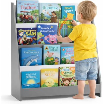 BAKAJI Bibliothèque Montessoriana pour enfants en bois, porte-revues multi-étages, gain de place pour chambre d'enfant, étagère organisateur, présentoir pour livres, magazines, jeux (gris) BAKAJI Bibliothèque Montessoriana pour enfants en bois, porte-revues multi-étages, gain de place pour chambre d'enfant, étagère organisateur, présentoir pour livres, magazines, jeux (gris)